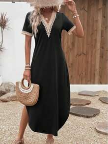 V-Neck Lace Patchwork Split Hem Casual Short Sleeve Dress, Spring/Summer - Black - View 4