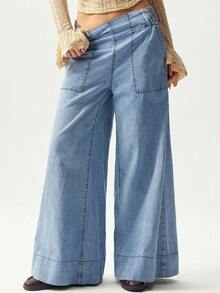 BohoFeels Pantalones anchos y sueltos de mezclilla tejida de unicolor casual - Azul - Ver 4