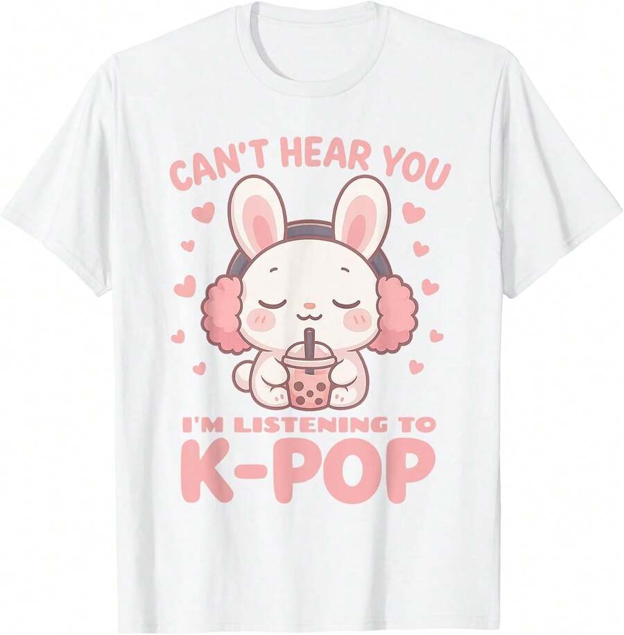 Camiseta de conejo kawaii Boba Can't Hear You I'm Listening K-Pop, Camiseta Casual de Algodón Puro Premium, Top de Manga Corta Relajado para Mujeres Jóvenes, Diseño Ligero y Cómodo para la Vida Diaria, Estilo Urbano, Viajes, Playa, Compras, Reuniones Casuales Diarias - Blanco - Ver 1