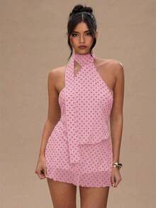 Vestido mini de mujer con estampado de lunares, estilo vacacional, de escote de halter - Rosa - Ver 7