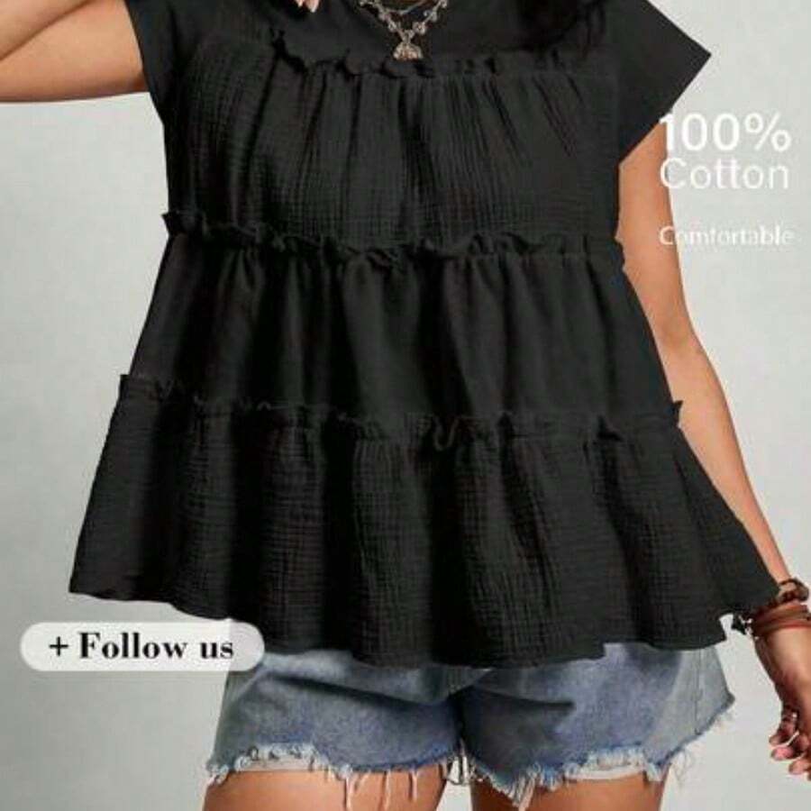 Freevana Plus Size Women's Vintage Peasant Casual Style | Blue And White Plaid Round Neck Sleeveless Tiered Ruffle Trim Babydoll Top - Sweet Loose Pullover Blouse - Negro - Ver 1