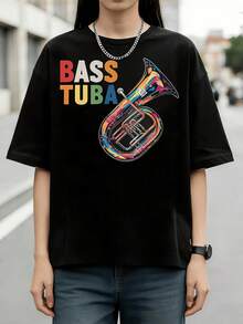 Colorful Graffiti Bass Tuba Instrument Music Band Retro Cotton Summer Short Sleeve T-Shirt - Black - View 6
