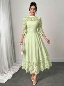 Vestido largo de manga larga con parches de bordado de ojal amarillo para mujeres - Verde - Ver 1