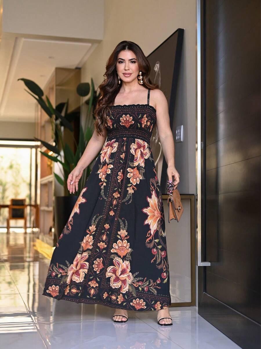 Women's Long Beach Dress With Tie Straps, Summer Casual Style, Floral And Coconut Tree Print, Bohemian Tropical Style, Thin Straps And Drawstring. - 藕粉色 - 查看 1