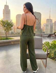 Set Includes A Tie-Front Top With Adjustable Straps And High-Waisted Wide-Leg Pants. Elegant And Comfortable Emily Brand. Casual Sets For Vacations And Offices. Suitable For All Seasons. - xanh quân đội - Xem 2