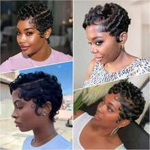 AMECIRE 13x4 Short Curly Pixie Cut Human Hair Full Lace Frontal Wig, Pre-Cut Layered Deep Wave Pixie Cut Human Hair Wig, Suitable For Daily Wear, Cosplay, Party, Music Festival - Natural Black - View 6