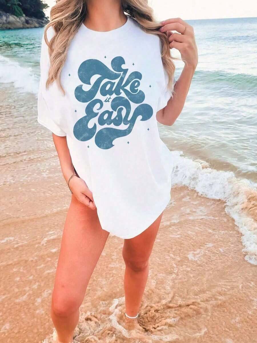 Bohemian Retro Vintage Graphic T-Shirt, Comfortable Take It Easy | Retro Design T-Shirt | Grunge Hippie Boho Graphic Print T-Shirt, Plus Size, Breathable And Comfortable - 白色-1 - 查看 1