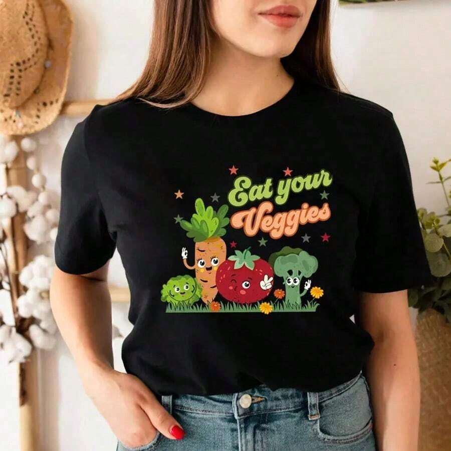 1 camiseta con estampado retro "Eat Your Veggies" | Camiseta Vegana | Camiseta de Mercado de Verduras para Agricultores, 180g, 100% Algodón, los diseños están impresos. Unisexo. - Negro - Ver 1