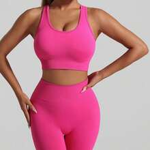 2-Piece Seamless Back Yoga Suit Set, Sports Underwear Women's High Waist Peach Hip Fitness Yoga Pants - Áo ngực hở lưng và quần yoga màu đỏ hồng tuyệt đẹp. - Xem 2