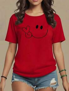 Sonrisa grande con signo de paz que transmite alegría optimismo y buena energía perfecta para días casuales camiseta para mujer 100% algodón suave y cómoda para uso diario,maija mujer curvy. - Rojo - Ver 9