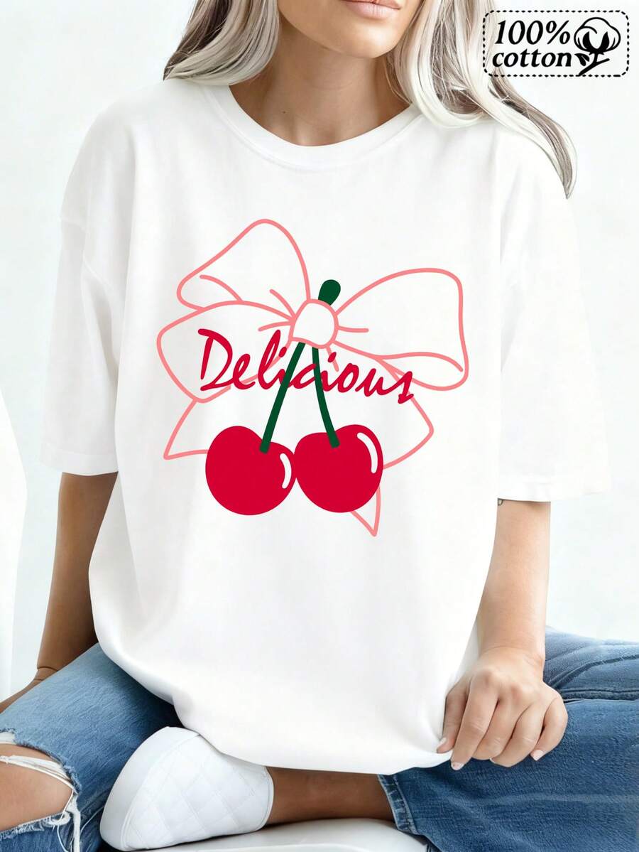 White Cherry Bow T-Shirt With Delicious Print - 白色 - 查看 1