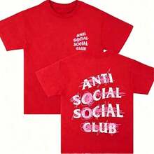 1 Pcs Cotton Double-Sided Printed, Anti Social Club Printed T-Shirt, Suitable For Daily Wear, Casual Summer Wear, Slightly Elastic, Breathable, Outdoor Holiday Sports, Gift T-Shirt, Holiday Gift, Perfect Gift. - 紅色 - 查看 3