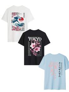 3pcs/Set Summer New Fashion Sakura Landscape Printed Combination, Casual Round Neck Short Sleeve T-Shirt, Versatile Tops For Women - White and Black and Light Blue - View 2