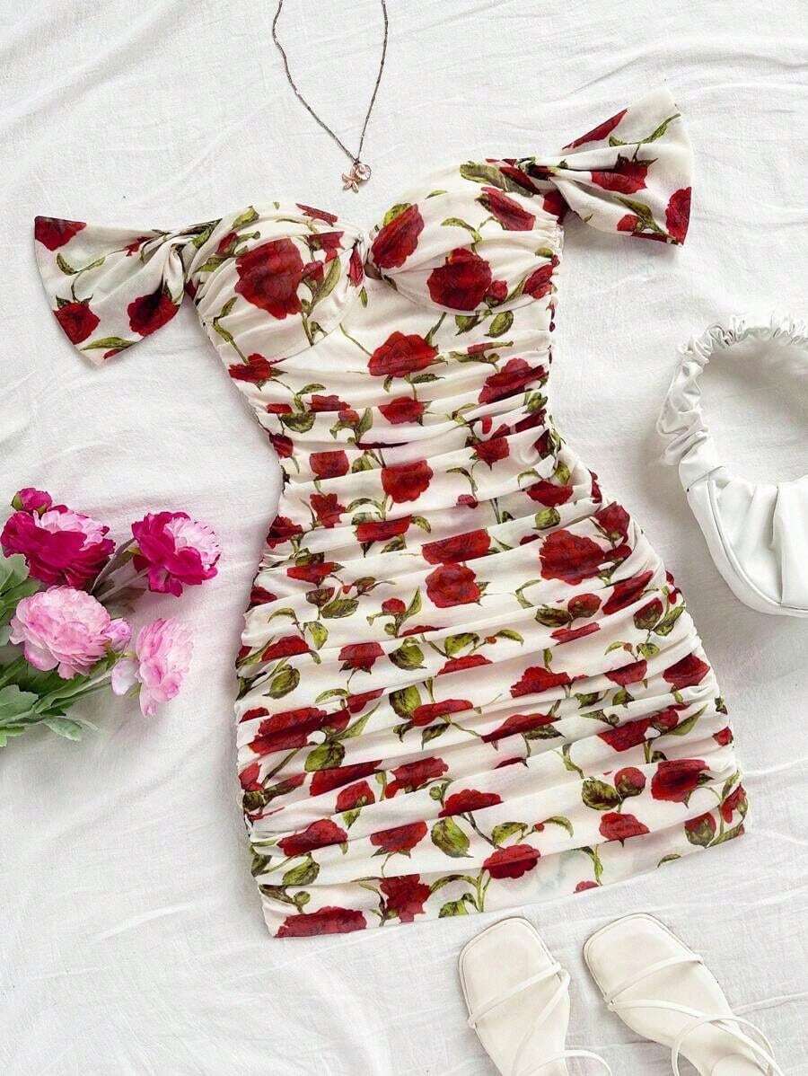 Vestido mini ajustado de punto rojo con hombros descubiertos para mujer, diseño con espalda calada, adecuado para vacaciones, citas, té de la tarde, temporada de bodas, playa, crucero, vacaciones en la ciudad, vacaciones bohemias, festivales de - Multicolor 4 - Ver 1