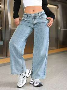 PETITE Pantalones vaqueros casuales de pierna ancha y bolsillos sueltos para mujer - Azul 2 - Ver 1