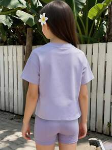 Set de 2 piezas: Camiseta holgada de estampado floral casual y shorts a juego para niñas, conjunto de camiseta oversize transpirable para primavera/verano - Púrpura malva - Ver 2