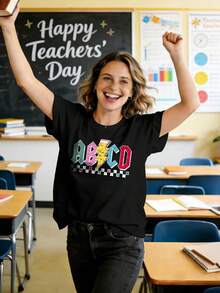 Camisas para profesoras, bonitas, con gráficas divertidas y estampado de letras. - Negro - Ver 5