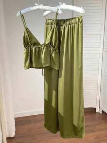 2 piezas Conjunto casual de vacaciones con rayas tejidas amarillas para mujer, /verano - Verde - Ver 2