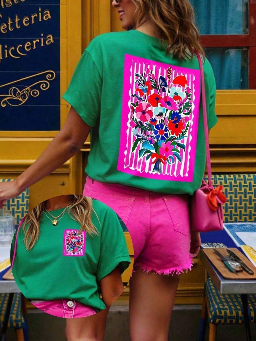 Camiseta de Mujer, Estilo Casual Urbano con Estampado Gráfico, Camiseta de Manga Corta, Bonita Blusa de Verano - Verde 2 - Ver 1