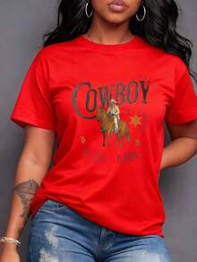 A Cowboy On Horseback Embodies The Freedom And Adventure Of The West. "COWBOY" And "IT'S TIME TO RIDE" With Stars And Cacti Symbolize The Indomitable Spirit And Courage To Explore. An Authentic Tribute To The Open Road. Women's T-Shirt, 100% Cotton. - 紅色 - 查看 7