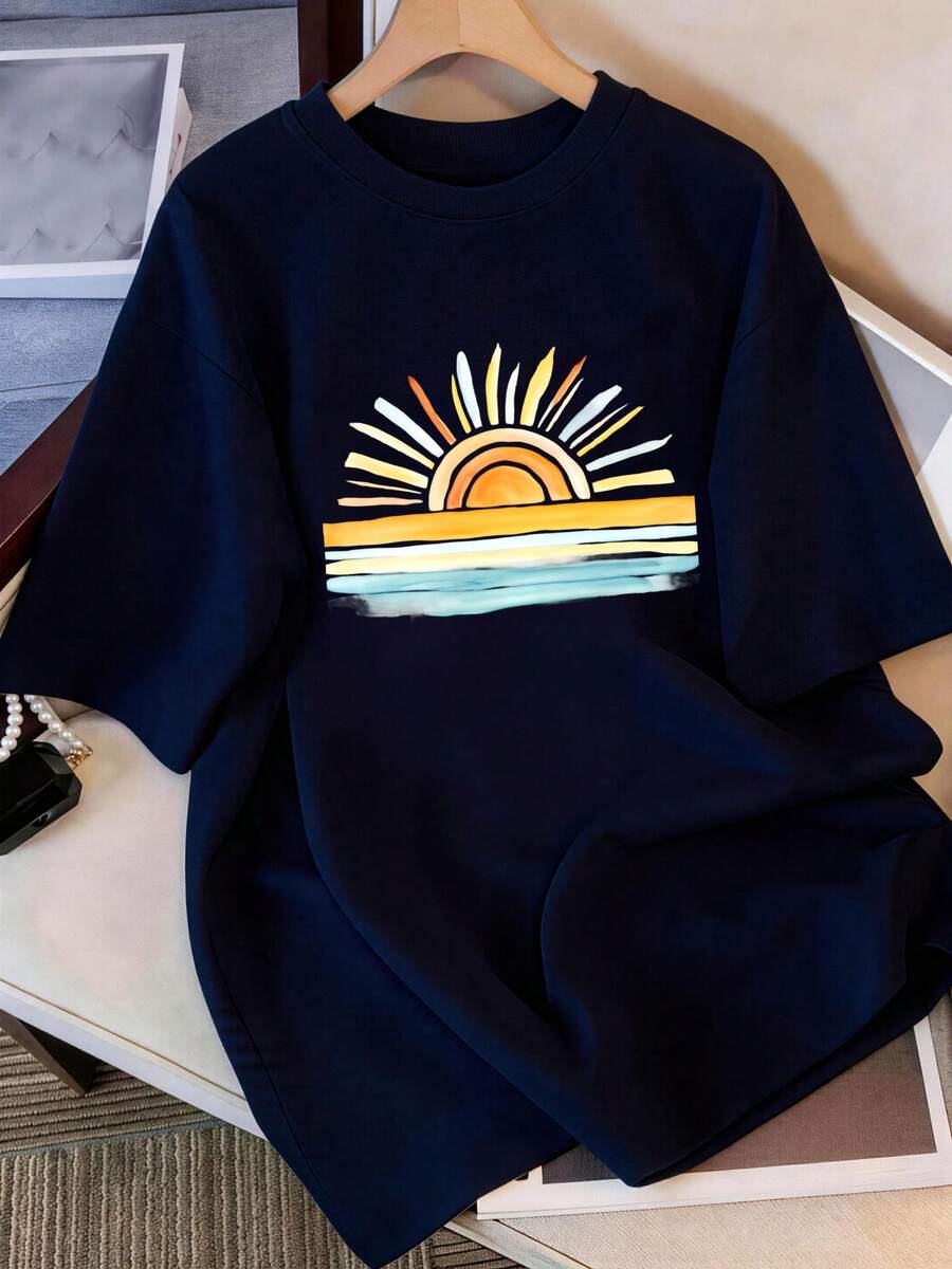 Women's Casual Short-Sleeve T-Shirts With A Sunset Ocean Wave Design, Perfect For Beach Vacations. Lightweight And Breathable, Ideal For Summer - Unisex Cotton Loose-Fitting Short-Sleeve Crew Neck T-Shirt With An Urban Vintage Style. - 海軍藍 - 查看 1
