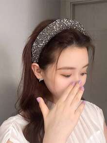 1件复古水钻仿珍珠发箍，时尚个性头饰，百搭法式风格女士发饰，优雅派对风 - 42475 灰色 - 查看 4
