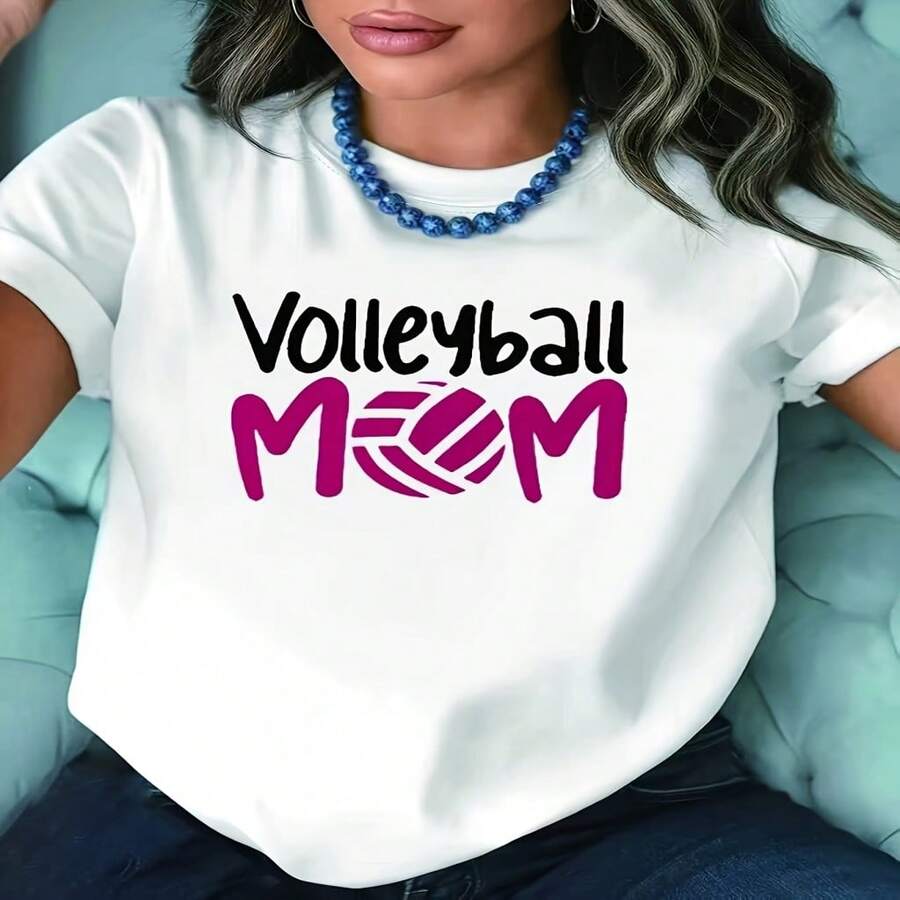 Plus Size - Plus Size - Plus Size T-Shirt, Black And Red Color Block Print "Volleyball Mom", White Short Sleeve Crew Neck Printed T-Shirt, - Machine Washable, Casual Style, Comfortable Fit, Modern Design, Versatile For Everyday Wear, Soft Fabric - White - View 1