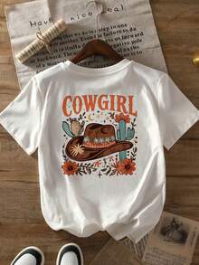Short-Sleeved T-Shirt With Front And Back Prints, Featuring A Brown Cowgirl Hat Design - Women's Casual Top, Comfortable Fit, Classic Style. Y2k T-Shirt - 黑色 - 查看 3