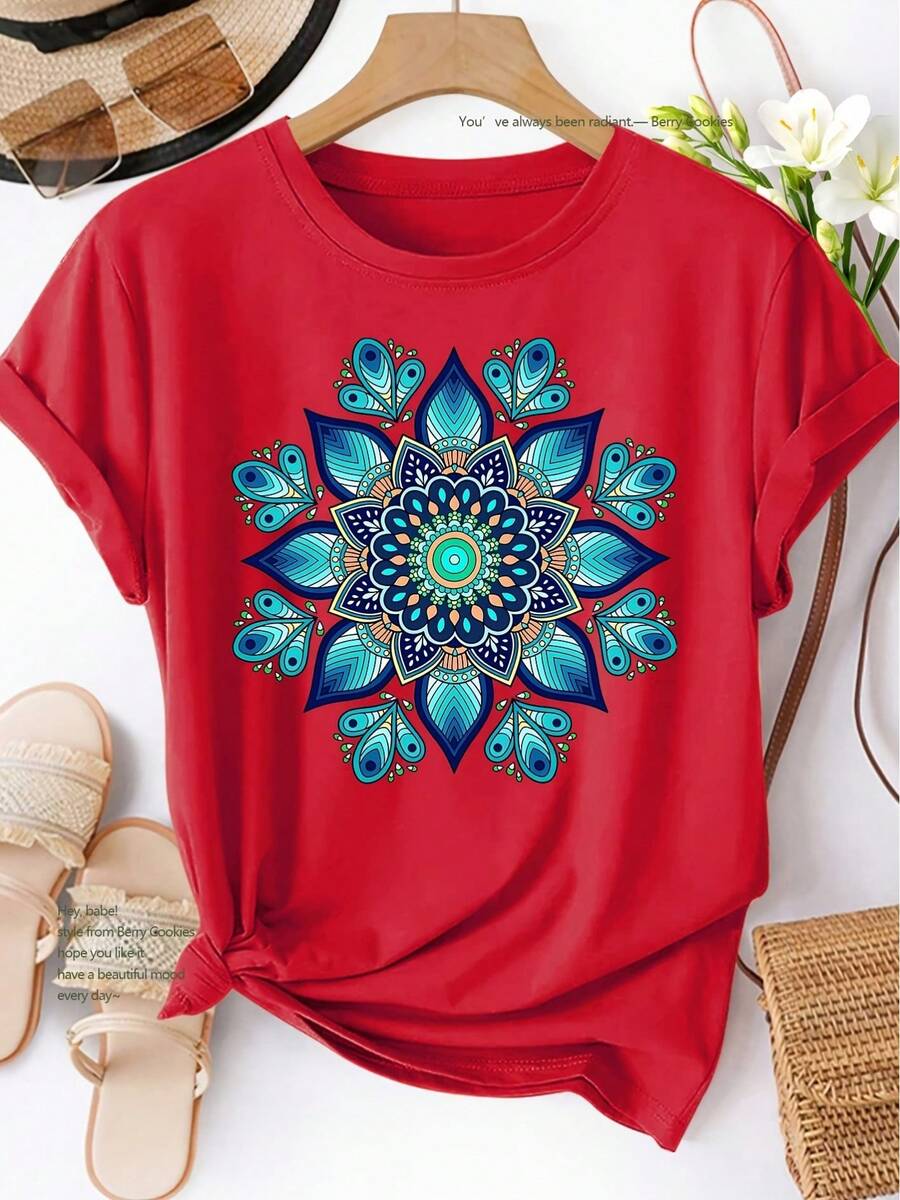 Women's Short Sleeve T-Shirt, Style, Blue-Green Mandala Print, Spring Summer Autumn, Elegant, Versatile, Casual, Sporty, Round Neck, Soft And Comfortable, Sizes S-XXL, New 2026 - 100% Breathable Cotton - 紅色 - 查看 1