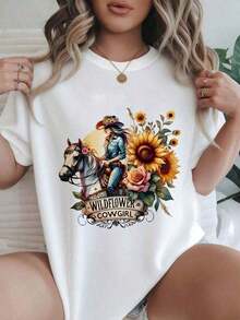 Versatile Plus Size T-Shirt, Cowgirl Riding A Horse Print With Sunflowers And Roses, Fashionable Casual T-Shirt For Women, Suitable For All Seasons
White, The Fabric Is Comfortable And Breathable. - 白色 - 查看 1