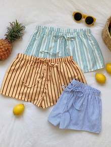 3 pantalones cortos sueltos y casuales con cintura de atar para mujer - Multicolor 12 - Ver 4