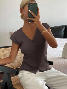 Cárdigan casual de verano para mujer, de unicolor, ajustado, de cuello en V, elástico y delgado - Café integral - Ver 4