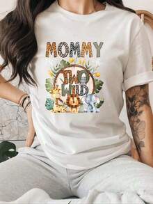 NewSummerCasualMommy Of The Two, Versatile, Suitable For Streetwear, Everyday Outings, Camping, Concerts, Hip-Hop, Rock, And More. Women's Crew Neck T-Shirt With Wild Animal Print, Jungle Theme, Adorable Cartoon Animals, Gift For Mothers, Clothes For Mom. Unisex Cotton Loose-Fitting Short-Sleeved Crew Neck T-Shirt In A Vintage Urban Style. - 白色的 - 查看 6
