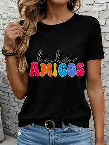 Women's Short-Sleeved T-Shirts In Black And White Are Suitable For Everyday Wear, Lounging At Home, And Outdoor Activities. Hello Friends, Women's Colorful Rainbow Graphic T-Shirt, Casual Summer Top, Fashionable Shirt, Gift For Parties And Holidays. - 黑色 - 查看 7