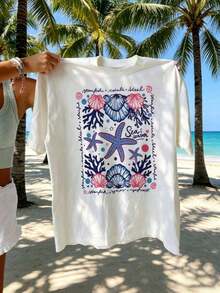 Camisetas De Calor Para MujerEMERY ROSE Camiseta De Manga Corta De Cuello Redondo De Ajuste Holgado Y Longitud Media Con Estampado De Animales Marinos, Adecuada Para Mujeres En Verano, Talla Grande - Blanco - Ver 1