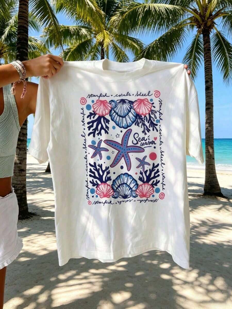Camisetas De Calor Para MujerEMERY ROSE Camiseta De Manga Corta De Cuello Redondo De Ajuste Holgado Y Longitud Media Con Estampado De Animales Marinos, Adecuada Para Mujeres En Verano, Talla Grande - Blanco - Ver 1