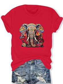 Talla Grande, una camiseta de moda para mujer de talla grande muy moderna, con un estampado de elefante rodeado de flores coloridas y patrones de letras únicos, adecuada para todas las estaciones. - Rojo - Ver 6