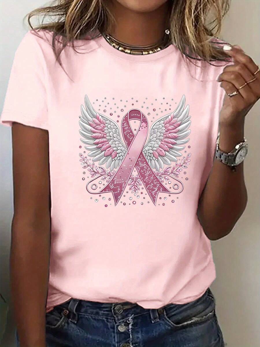 Plus Size - Women's Crew Neck T-Shirt With Pink Ribbon And Wings Print - 藕色 - 查看 1