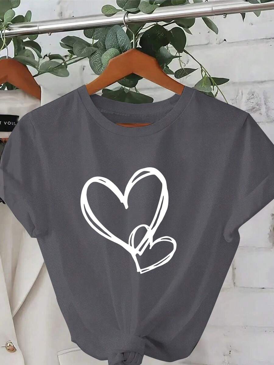Plus Size - Plus Size - White Day, Exquisite Heart Design, Elegant Short Sleeve T-Shirt With Round Neck Print, Plus Size Women's Clothing, Women's Apparel - 深灰色 - 查看 1