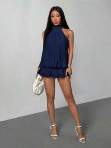 Vestido mini elegante de mujer con escote halter y lazo en color beige - Azul marino - Ver 5