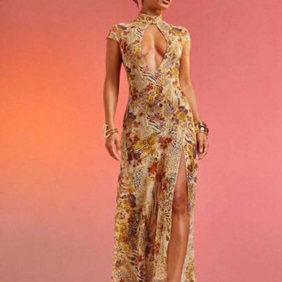 Haute Abstract Floral Animal Print Lace Mesh Dress Vacation Dress - Multicolor - Ver 1