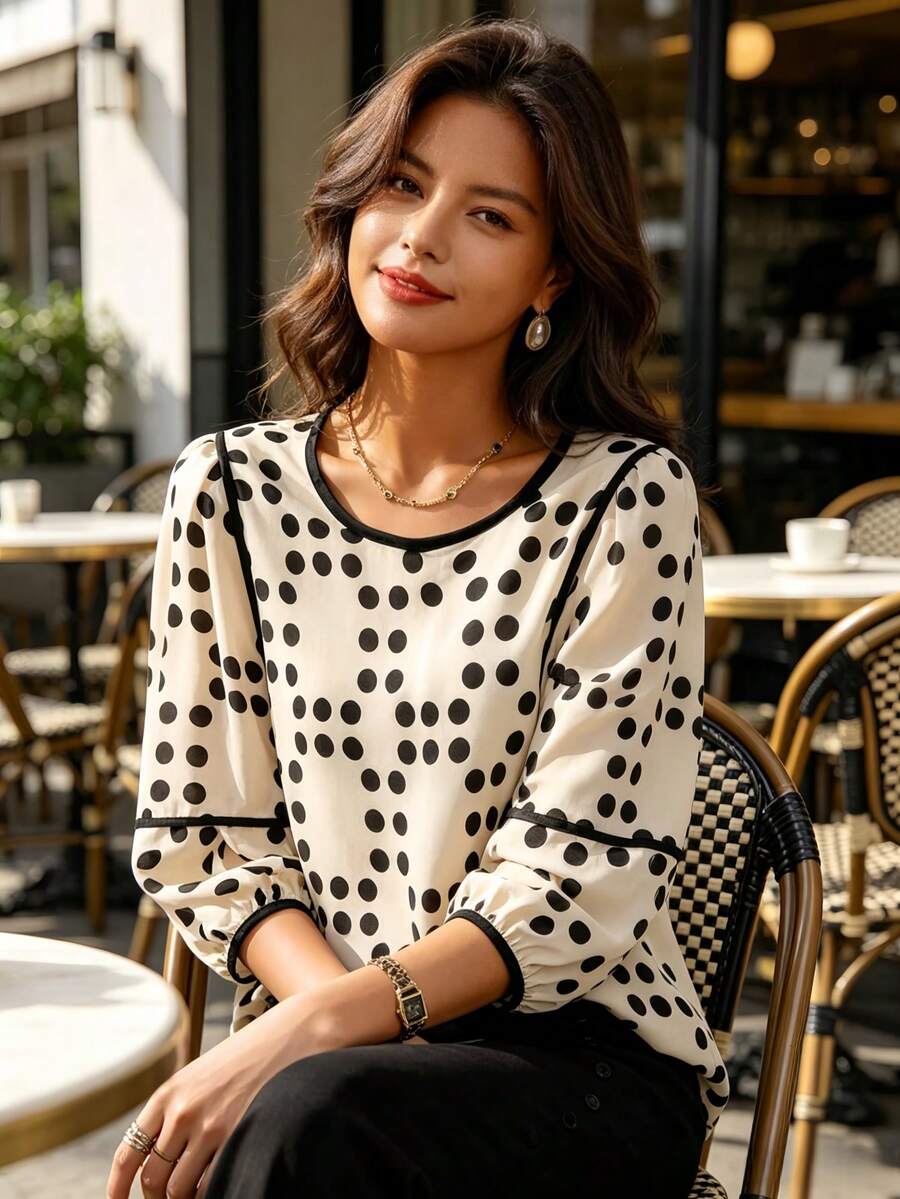 Áo kiểu nữ phong cách Pháp cổ điển chấm bi phối viền tương phản, tay lỡ xòe hình cánh hoa, dáng rộng, tôn dáng, đa năng, thích hợp mặc đi làm, mùa xuân/hè, chất liệu chiffon. - Nhiều màu - Xem 1
