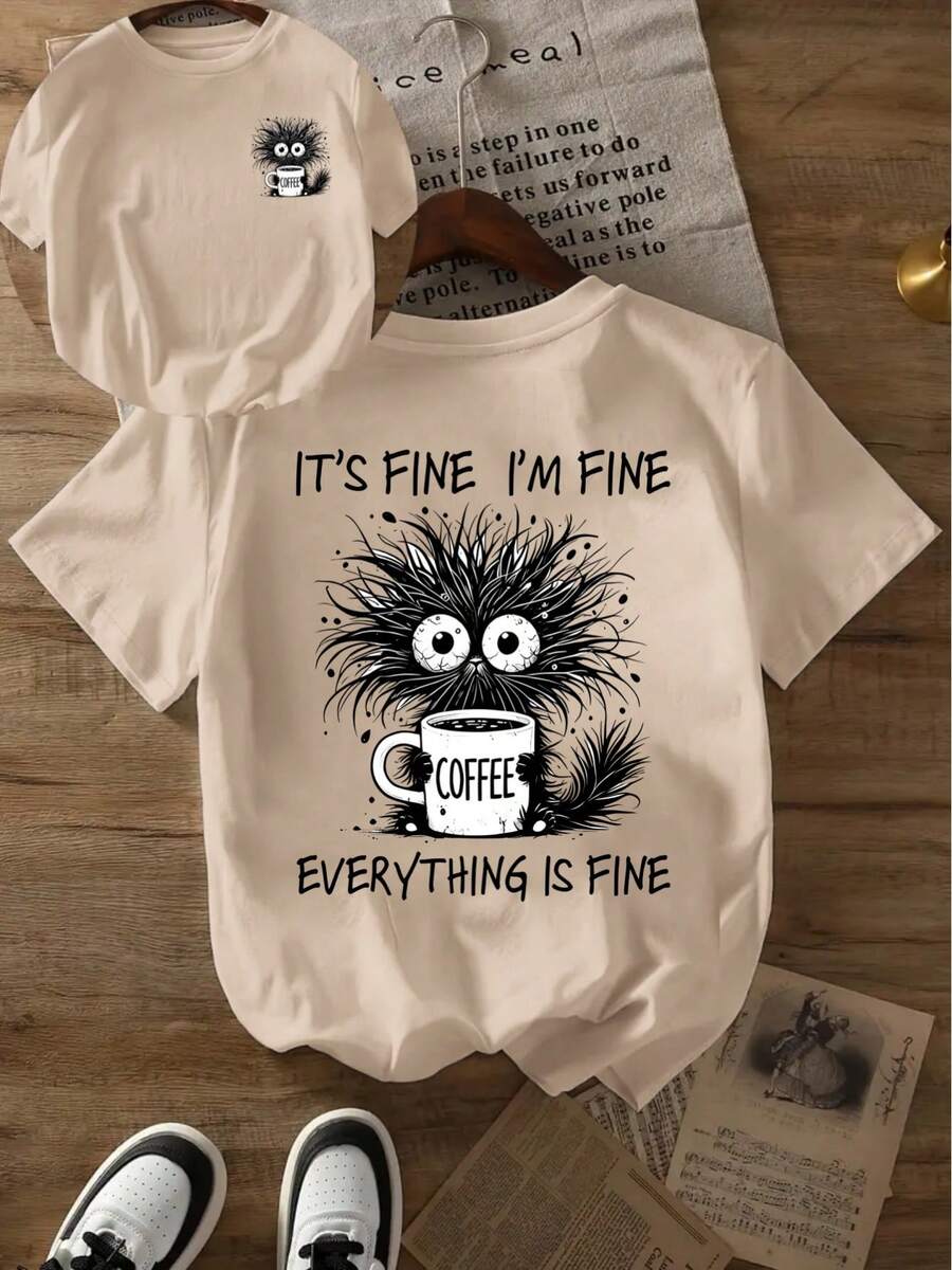 Women's Short-Sleeved T-Shirt With Double Coffee Print, Casual Style, Round Neck - 杏色 - 查看 1