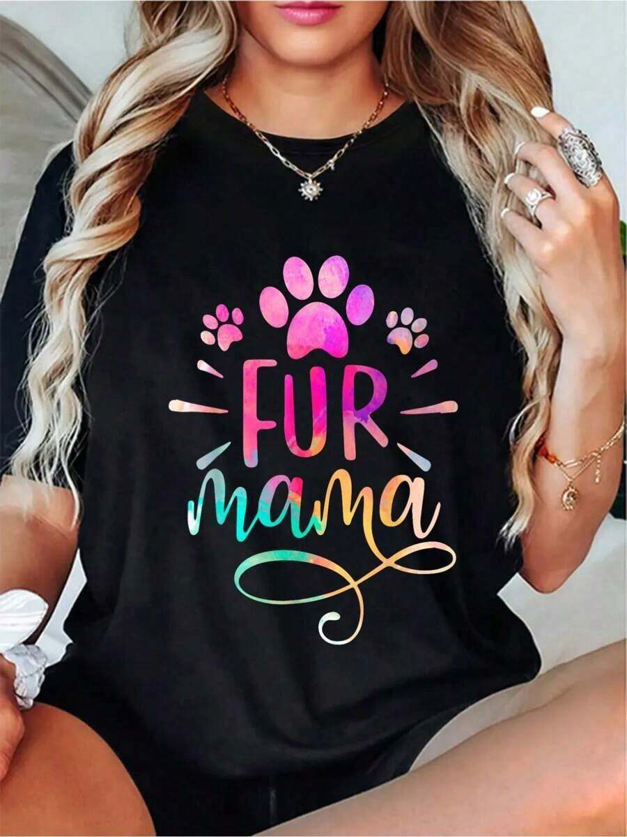 Camiseta de Algodón para Mujer "Cotton Fur Mama" para Dueñas de Gatos y Perros - Camiseta Estampada de Cuello Redondo, Casual de Manga Corta, Transpirable y Suave, 100% Algodón - Negro - Ver 1