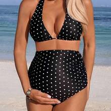 Conjunto de traje de baño de maternidad elegante y sofisticado con lunares negros, nueva llegada de traje de baño de mujer 2026 para la escuela, adecuado para vacaciones, citas, té de la tarde, estilo occidental, cruceros, playa, isla, viajes por carretera, todas las estaciones, festivales de música, vacaciones bohemias, vacaciones bohemias, otoño relajado, estilo occidental bohemio, blusas elegantes para mujer Conjunto de bikini de lunares de talle alto - 01 - Ver 4