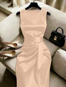 Vestido de mujer de alta gama y lujo, de moda de nicho francés retro, sin mangas, con pliegues, brillante, con abertura asimétrica y cintura ceñida - Albaricoque - Ver 7