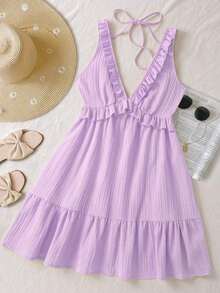 Vestido mini de mujer de color amarillo liso con volantes en los tirantes, de estilo casual de vacaciones, para verano - Púrpura malva - Ver 1