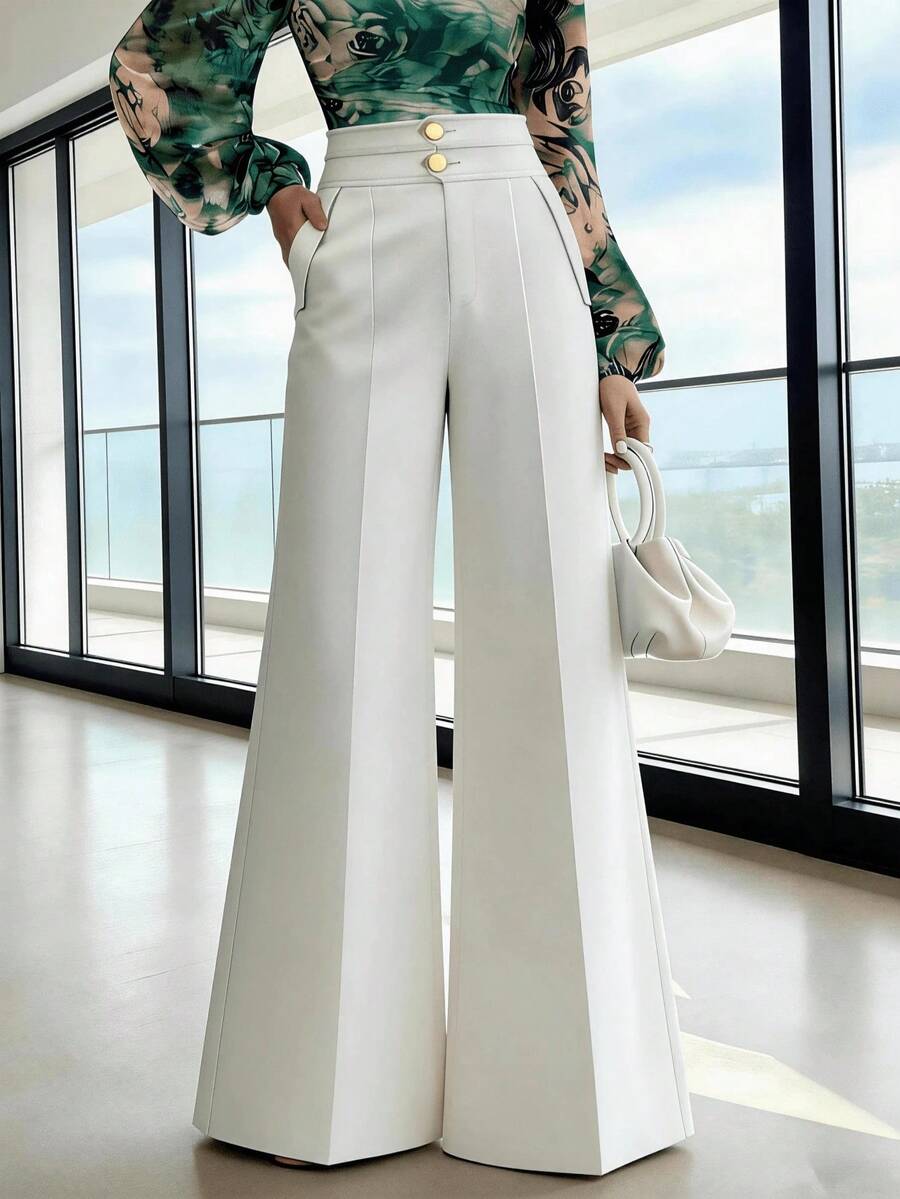 Calça De Terno Elegante De Cintura Alta Com Perna Flare E Abotoamento Duplo, Estilo Urbano Chique P M G - Branco - Visão 1