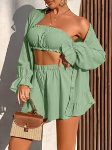 AIJ Amarilo Women Summer Vacation Solid Color Fabric Ruffle Trim Top + Camisole + Shorts 3-Piece Set, Minimalist Daily Outfit Spring Elegant - Pale Green - View 3