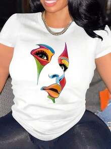 1 Piece Of Women's Fashion T-Shirt - Colorful And Eye-Catching Figure Prints, Short Sleeves, Round Neck - Comfortable, Ideal For Curvy Figures, Casual Style. 180g 100% Cotton, Prints Are Fully Printed. Unisex. - 白色 - 查看 5